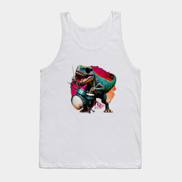 T-Rex Playing Drum Set Tank Top by Urban Gypsy Designs